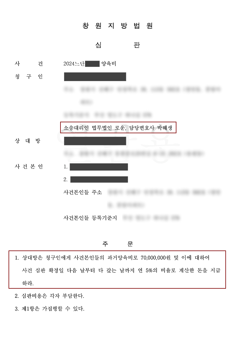 [양육비심판청구] 이혼후 과거양육비청구 전액인용성공사례.jpg